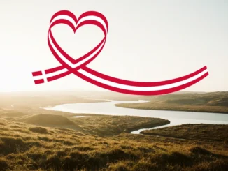 Pohled na řeku Skjern Å vinoucí se krajinou západního Jutska, symbol dánské GeoTour i Naturens Rige.