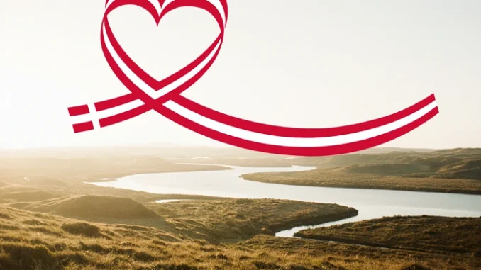 Pohled na řeku Skjern Å vinoucí se krajinou západního Jutska, symbol dánské GeoTour i Naturens Rige.