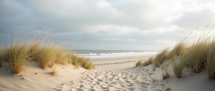 Písečné duny a mořské pobřeží u Hvide Sande v západním Dánsku, typická krajina GeoTour i Naturens Rige.