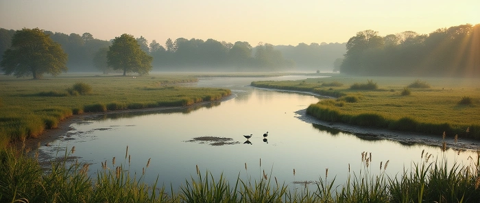 Ranní mlha nad řekou Skjern Å v západním Dánsku, s ptáky na vodní hladině a zelenými břehy v oblasti GeoTour i Naturens Rige.