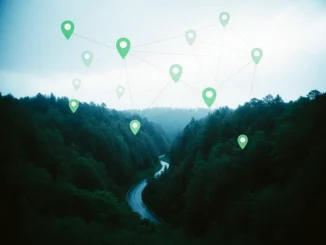 Letecký pohled na lesní údolí s digitální sítí GPS bodů, symbolizující přesnou navigaci a propojení v přírodě.