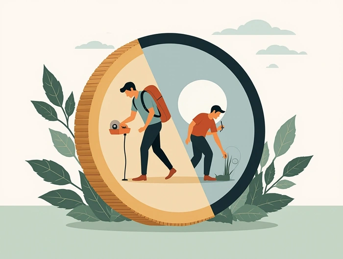 Geocacher hledá keš, zatímco owner ji schovává – dvě strany jedné mince geocachingu.