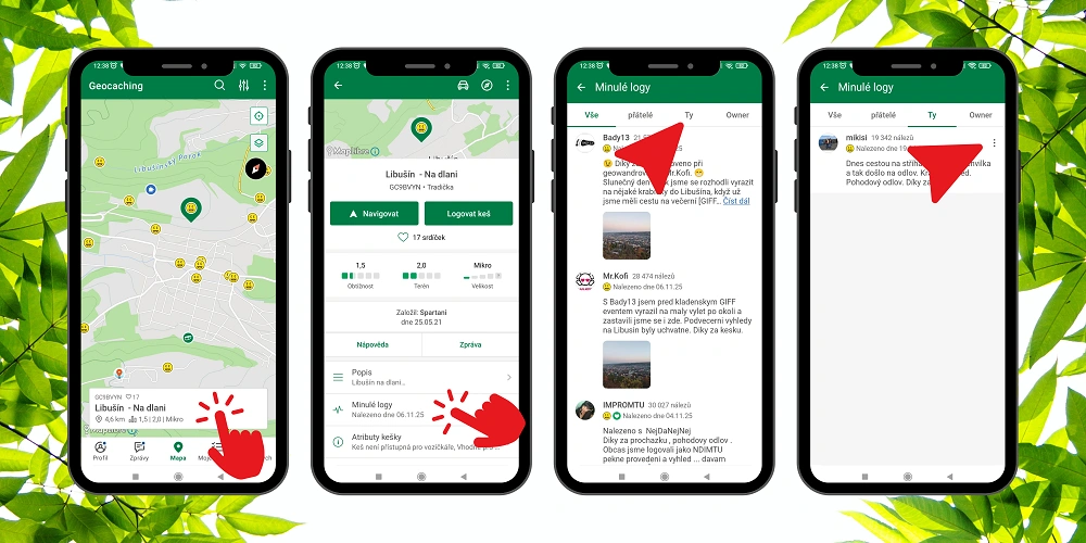 Ukázka obrazovek z aplikace Geocaching na mobilním telefonu zobrazující detail keše, historii logů a možnosti jejich úpravy krok za krokem.