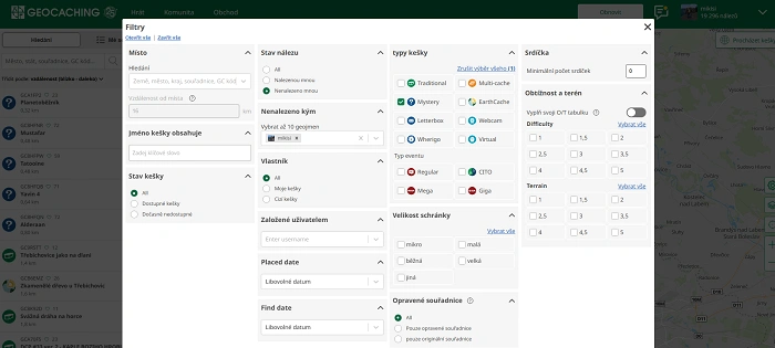Nastavení filtrů na webu Geocaching.com – výběr typu keše pro hledání první mystery cache.
