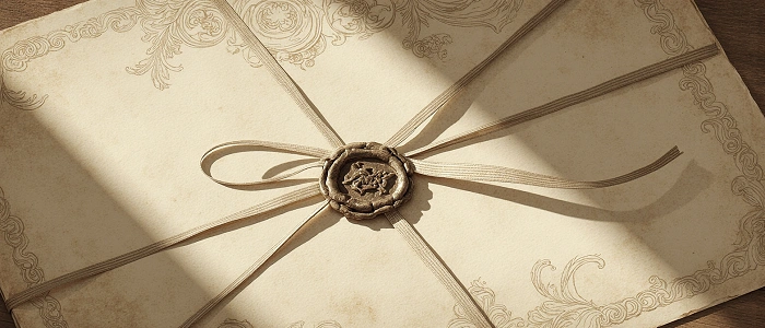 Elegantní starobylá obálka se stužkou a pečetí, zalitá měkkým světlem, připomínající listing geokeše.