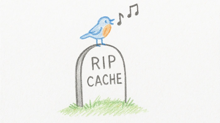 Kreslený hrobeček s nápisem RIP Cache a ptáčkem zpívajícím na náhrobku – symbolický konec archivované keše v geocachingu.