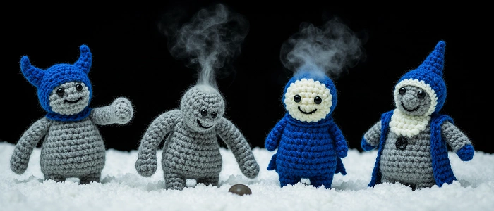 Čtyři háčkovaní padouši ve sněhu symbolizující způsoby, jak tělo v zimě ztrácí teplo: vedením, prouděním, sáláním a odpařováním.