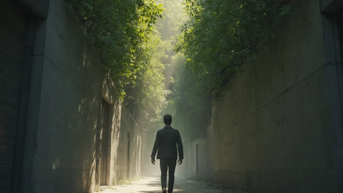 Geokačer vystupuje z ruchu města do přírody, drží GPS a dýchá čerstvý vzduch – symbol probuzení z životního autopilota.