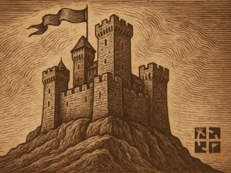 Dřevorytová ilustrace středověkého hradu na skalním vrchu s vlajkou a jemnými liniemi v pozadí, doplněná geocachingovým symbolem.