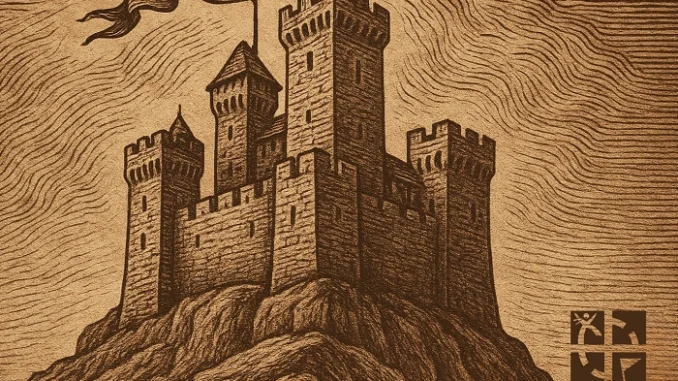 Dřevorytová ilustrace středověkého hradu na skalním vrchu s vlajkou a jemnými liniemi v pozadí, doplněná geocachingovým symbolem.