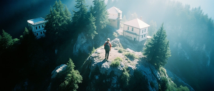 Turista stojící na skalním útesu nad údolím s domy a stromy, objevuje svět pomocí GPS navigace.