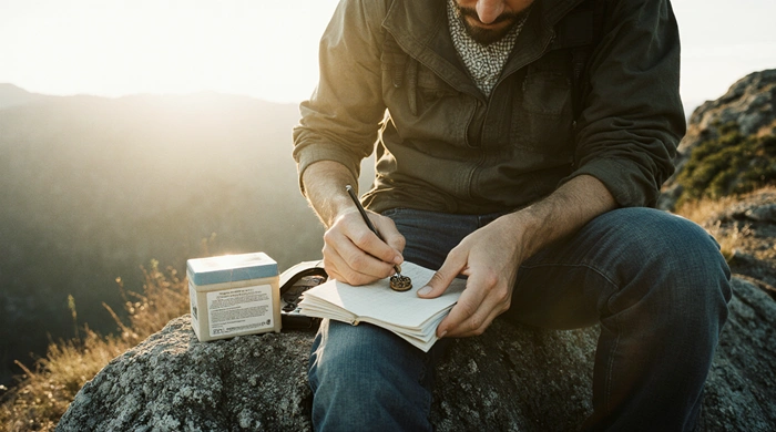 Geokačer otiskuje razítko do logbooku letterbox keše a zapisuje svůj nález během dobrodružství v přírodě.