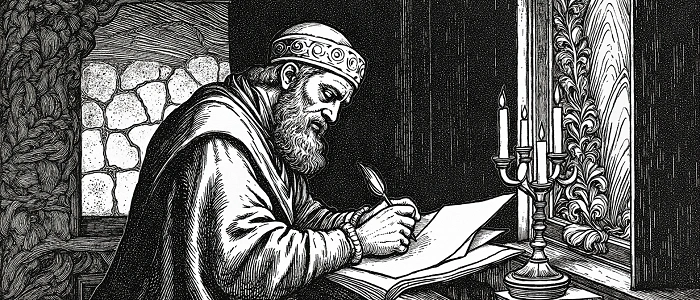 Středověká rytina muže u svitku a svícnů, zobrazující Mistra Jana z Borotína při psaní listu – historický motiv propojený s tématem eventu Jan of Borotin 2026.