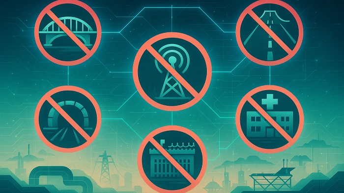 Futuristická infografika zobrazující zakázané lokality pro umístění geocache, jako jsou mosty, dálnice, železnice, nemocnice a vojenské objekty.