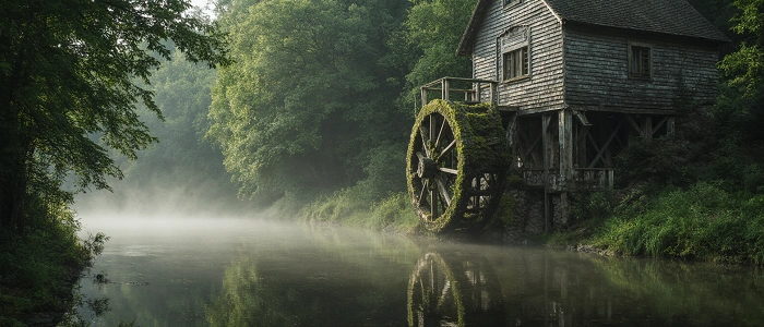 Stará dřevěná vodní mlýnice u klidné řeky zahalené ranní mlhou, obklopená lesem a přírodní atmosférou - historické keše.