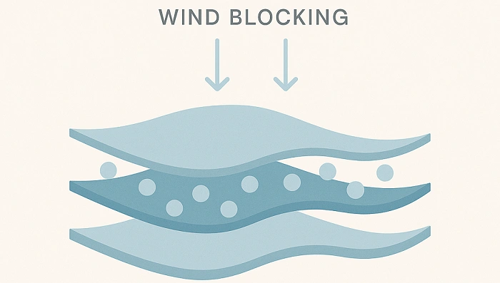 Schématická ilustrace vrstev oblečení s malými vzduchovými kapsami, které zajišťují izolaci a blokují vítr při zimním geocachingu.