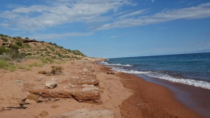 Pobřeží jezera Issyk-Kul s červeným pískem a klidnými vlnami v Kyrgyzstánu.