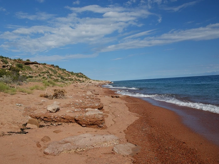 Pobřeží jezera Issyk-Kul s červeným pískem a klidnými vlnami v Kyrgyzstánu.