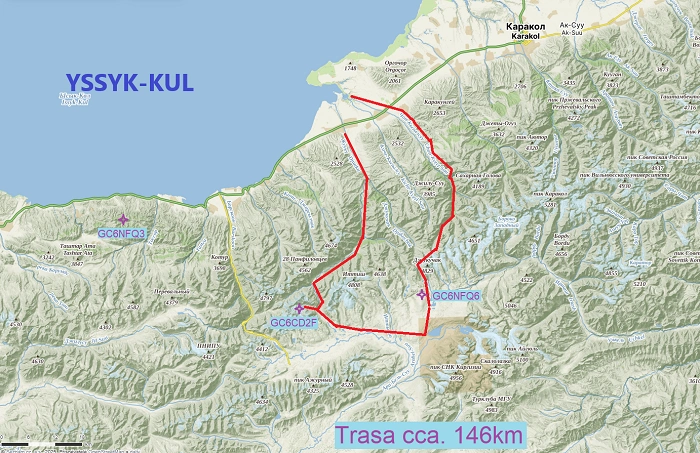 Mapa treku v oblasti Issyk-Kul v Kyrgyzstánu s vyznačenou trasou a umístěním geocachingových keší.