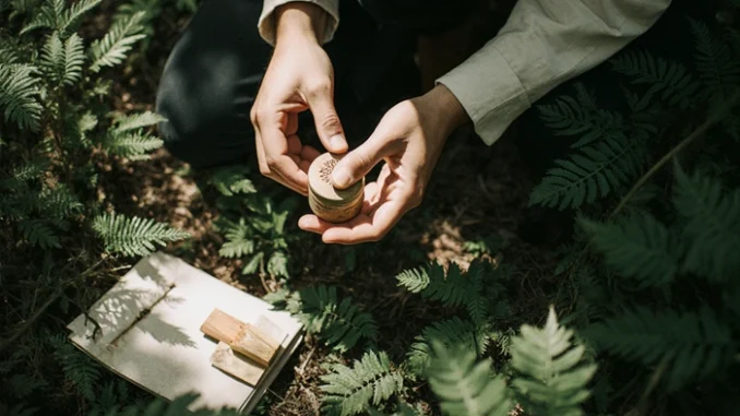 Detail logbooku s barevnými otisky razítek z letterbox keše, která spojuje geocaching s tradicí starého letterboxingu.