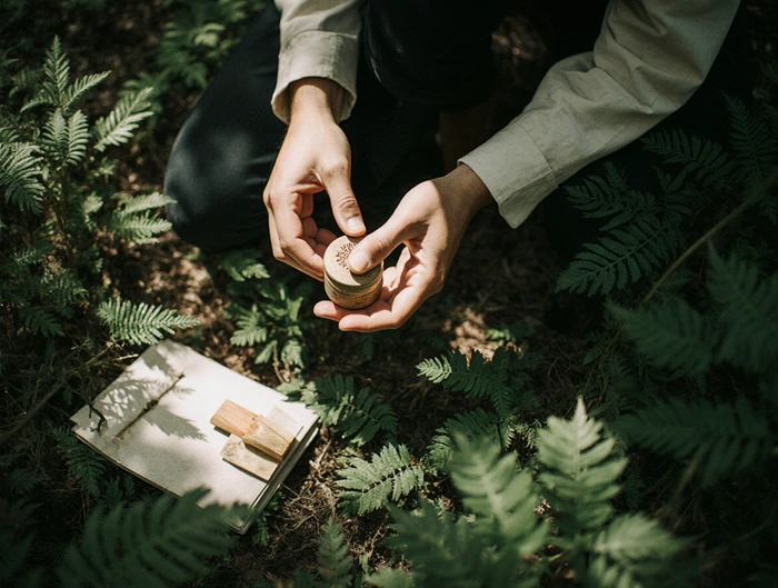 Detail logbooku s barevnými otisky razítek z letterbox keše, která spojuje geocaching s tradicí starého letterboxingu.