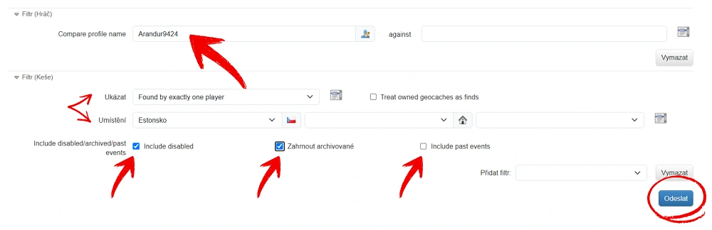 Nastavení filtru Map Compare na Project-GC s vybraným hráčem, zemí a zaškrtnutými volbami pro archivované a deaktivované keše
