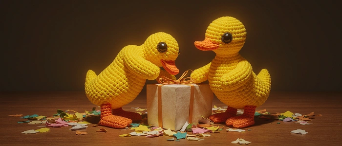 Dvě háčkované žluté kachničky společně rozbalují dárek, kolem nich leží barevné konfety a panuje slavnostní atmosféra.