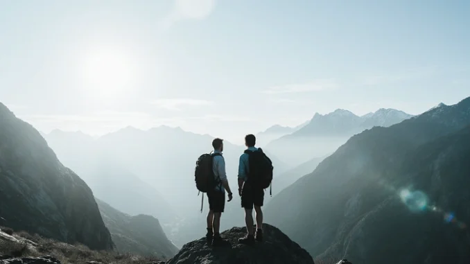 Dva turisté s batohy stojí na skalnatém vrcholu a dívají se na horskou krajinu zalitou ranním sluncem.