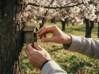 Geocacher připevňuje keš v lese – symbolická ukázka práce ownera v geocachingu.