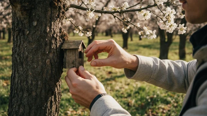Geocacher připevňuje keš v lese – symbolická ukázka práce ownera v geocachingu.