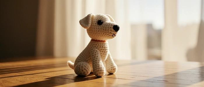 Háčkovaný psík z béžové příze sedí na dřevěné podlaze v teplém světle, symbolizuje kolekci Figurky psů v geocachingu.