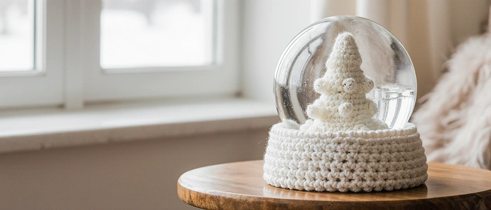 Háčkovaná sněhová koule s bílým stromečkem uvnitř, položená na dřevěném stolku u okna, symbolizuje zimní Poklady v geocachingu.
