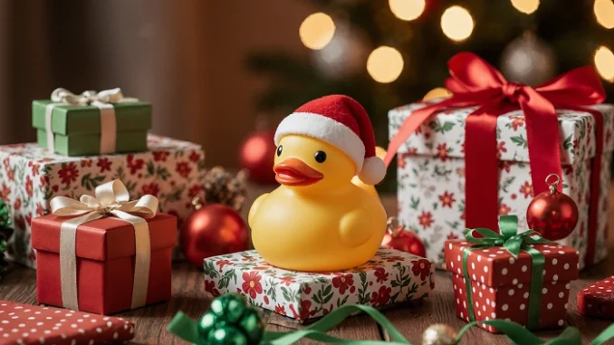 Gumová kachnička s vánoční čepicí sedí mezi zabalenými dárky pod vánočním stromkem.