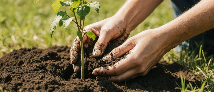 Ruce sázející mladý stromek do hlíny, ilustrační foto k pravidlům pro zakládání CITO eventů v geocachingu.