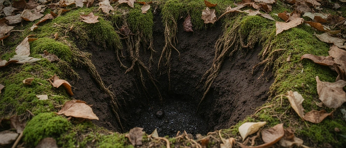 Vykopaná jáma v lesní půdě, ilustrační foto k pravidlům geocachingu o zákazu zakopávání keší.