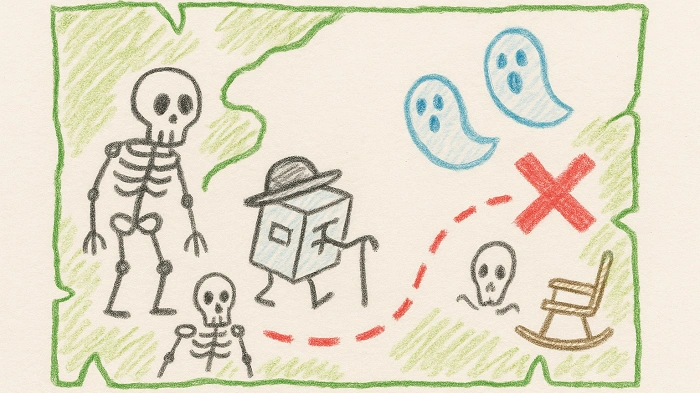 Kreslená mapa s duchy, kostlivci a keší s holí a kloboukem – symbol logu Needs Archived a čistění geocachingové mapy od „mrtvých“ keší.