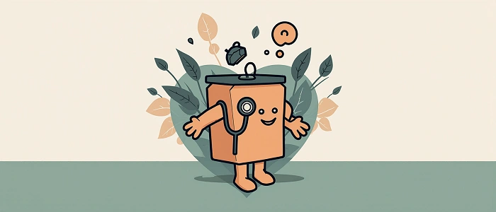 Ilustrace geocachingové krabičky s úsměvem a stetoskopem jako symbol péče o keše a jejich údržbu.