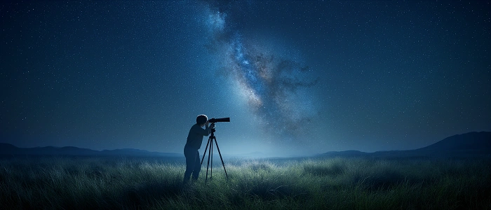 Postava pozorující noční oblohu teleskopem v otevřené krajině, jasná Mléčná dráha nad horizontem jako součást programu eventu Jan of Borotin 2026.