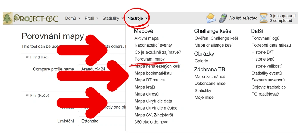 Nabídka nástrojů Project-GC se zvýrazněnou volbou Porovnání map