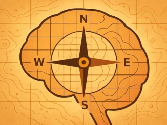 Abstraktní ilustrace mozku s kompasem symbolizující prostorovou orientaci a schopnost navigace.