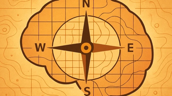 Abstraktní ilustrace mozku s kompasem symbolizující prostorovou orientaci a schopnost navigace.