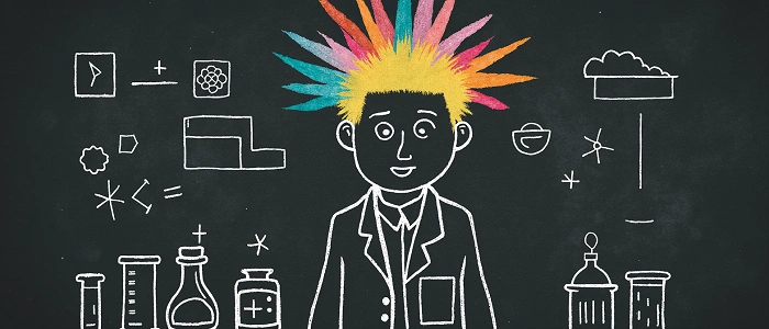 Kreslený vědec s barevnými vlasy na tabuli obklopený zkumavkami a vzorci symbolizuje vědecký přístup k učení a objevování.