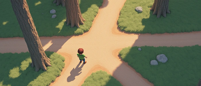 Dítě stojí na lesní křižovatce a přemýšlí, kterou cestou se vydat, symbol rozhodování a orientace v terénu.