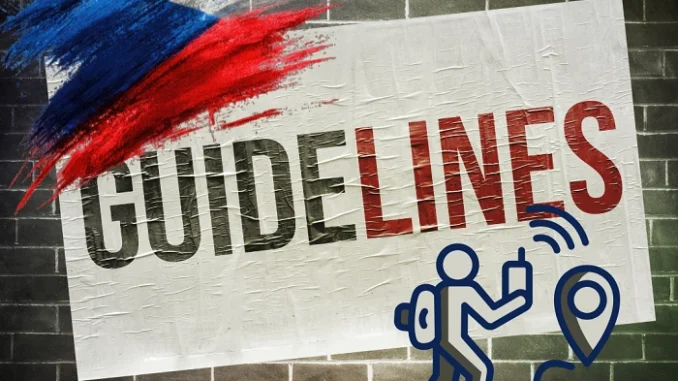 Ilustrační obrázek - regionální pravidla geocachingu v České republice s nápisem Guidelines a českou vlajkou.