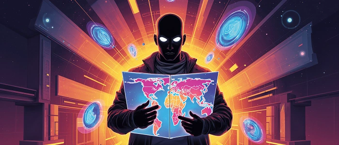 Stylizovaná futuristická postava držící mapu světa, symbolizující tichého strážce geocachingu a dohled reviewera nad pravidly hry.