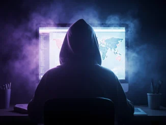 Osoba v kapuci sedící u počítače s mapou světa na monitoru, symbolizující neviditelnou práci reviewera v geocachingu.