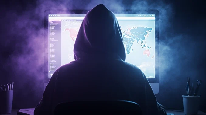 Osoba v kapuci sedící u počítače s mapou světa na monitoru, symbolizující neviditelnou práci reviewera v geocachingu.