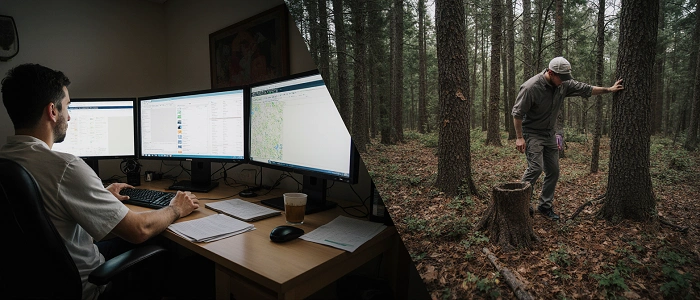 Porovnání práce reviewera u počítače a ownera v terénu, znázorňující rozdíl mezi kontrolou pravidel a samotným schováváním keší.