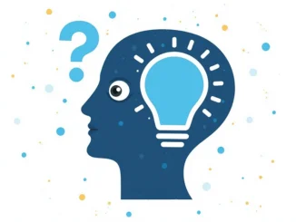 Abstraktní ilustrace hlavy s žárovkou a modrým otazníkem – symbol přemýšlení a luštění hádanek při geocachingu.