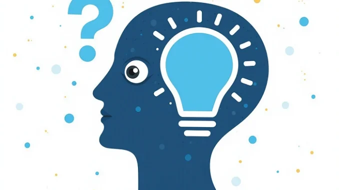 Abstraktní ilustrace hlavy s žárovkou a modrým otazníkem – symbol přemýšlení a luštění hádanek při geocachingu.